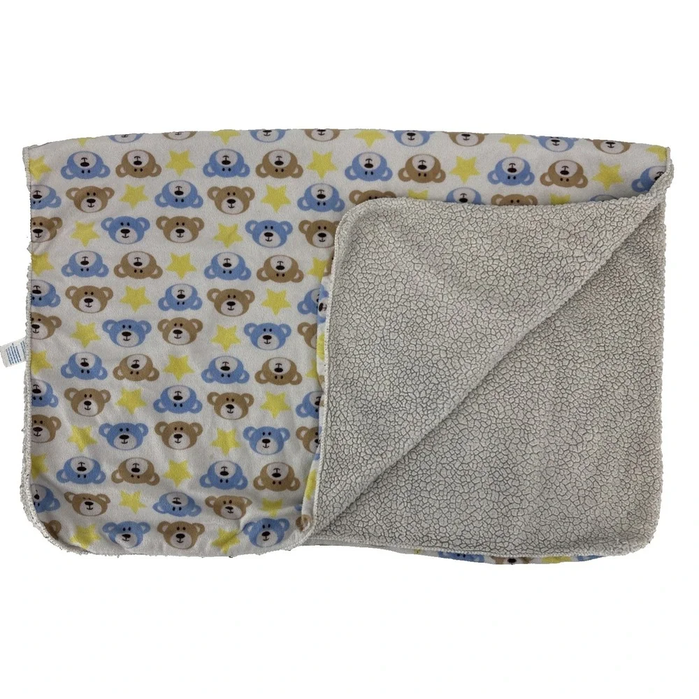 Kidgets Teddy Bear Face & Star Print Baby Blanket Sherpa Lovey White Blue Yellow